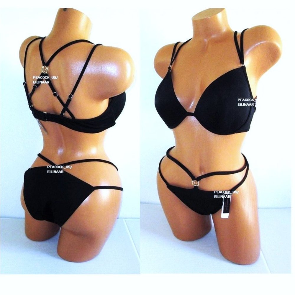 38D/L VICTORIAS SECRET Swim Push-Up Top Bikini Set Strappy Brazilian Bottom